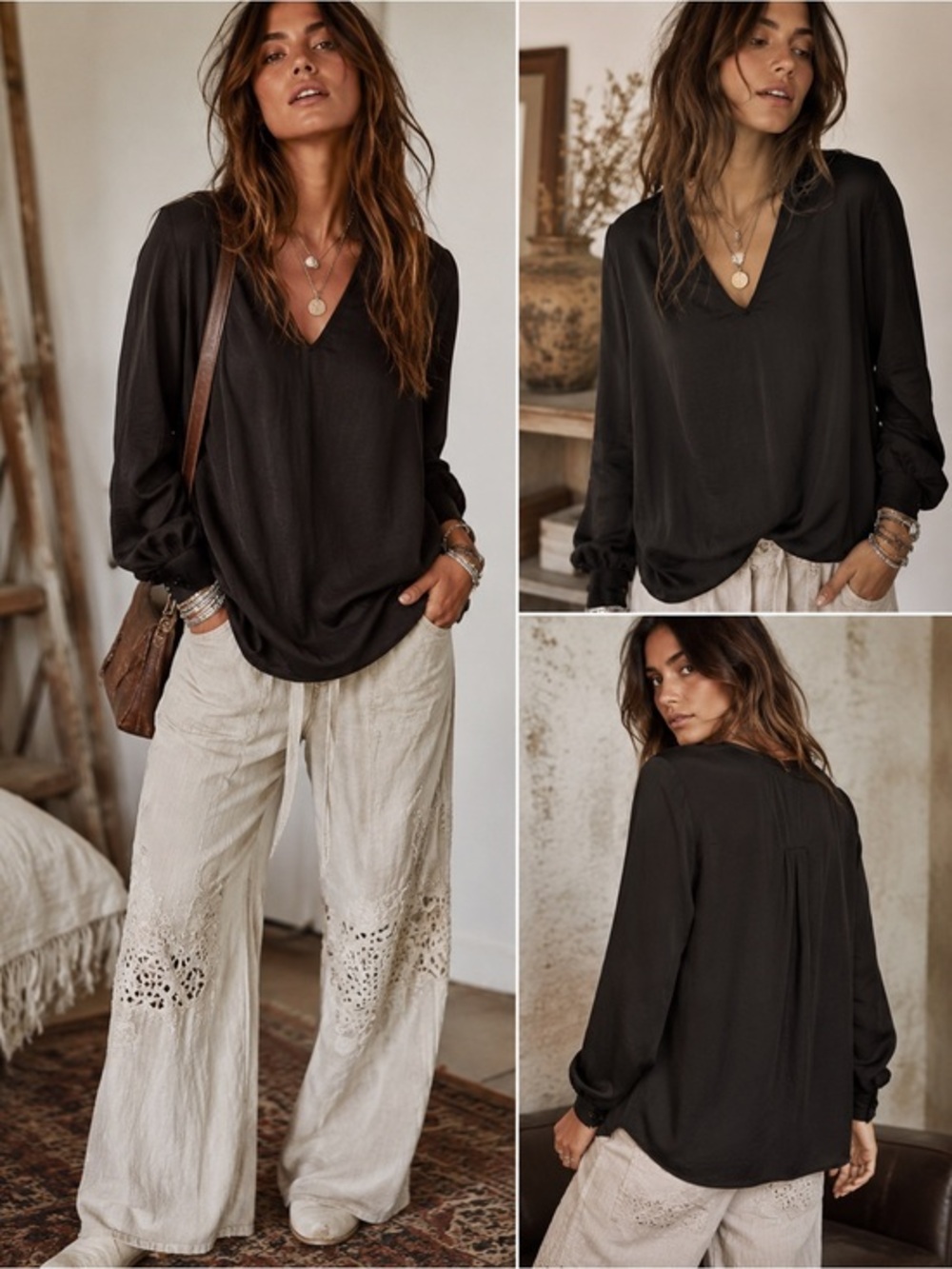 Cabi Black Satin V Neck Minimalist S Blouse Quiet Luxury Scandinavian Minimal